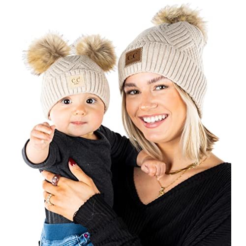 Funky Junque Mommy & Me Double Pom Beanies – Mama & Mini Matching Winter Outfits, Mom & Infant Baby Girl Beanie Hat Set