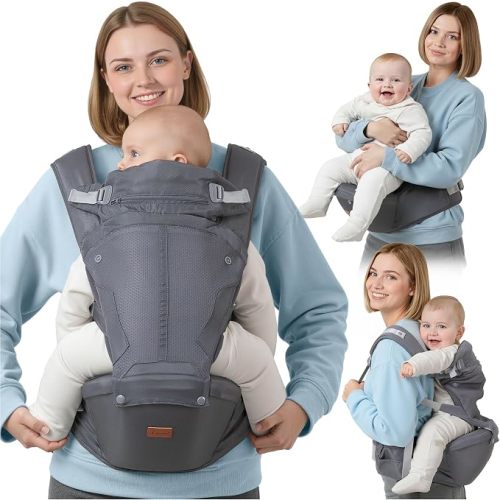 BabbleRoo 6-in-1 Baby Carrier with Hip Seat, Ergonomic Newborn to Toddler Carrier 7–50 lbs, Front Back Hip Carry, Lumbar Support, Sun Hood, Safety-Certified, Gray