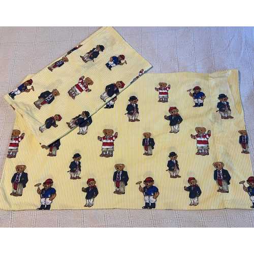 Set of 2 Vintage 1990s Ralph Lauren Polo Bear Pillowcases -- Yellow Ticking Stripe Background Scattered with Sweet Little Preppy Bears!