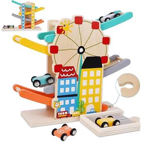 FCSONU Toddlers Montessori Toys for 1 2 Year Old Boys and Girls, Wooden Car Ramps Race Track Set with 4 Mini Cars & 4 Car Tracks & Garage, Christmas & 1st Birthday Gifts for Boys Girls Baby 1-3-2-4