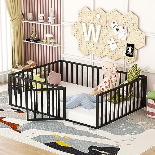 Bellemave Full Size Floor Bed with Rails for Kids, Girls, Boys, Metal Montessori Floor Bed with Door, Black
