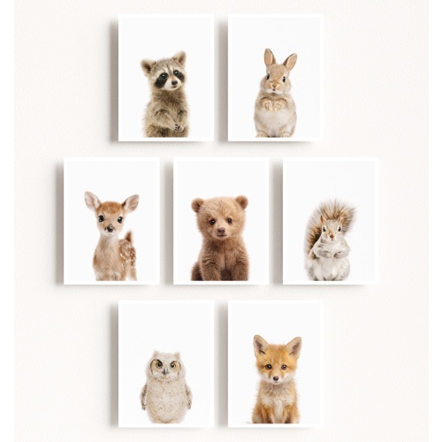 Design Your Own Baby Animal Art Gallery Wall: $122.26 Total · 8x10 Print · Print Only · 7 prints · Raccoon: Classic, Rabbit: Classic, Deer: Classic, Bear Grizzly: Classic, Squirrel: Classic, Owl: Classic, Fox: Classic