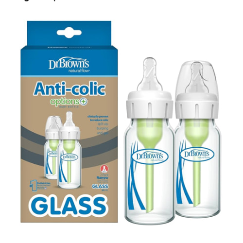 Dr. Brown's Anti-Colic Options+ Narrow Glass Baby Bottle with Level 1 Slow Flow Nipple, BPA-Free, 4 oz/120mL, 2-Pack