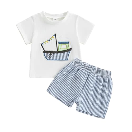 Bagilaanoe 2PCS Summer Outfit Toddler Baby Boy Sailboat/Helicopter/Fish Short Sleeve T-Shirt Plaid Shorts Set