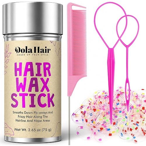 Dolahair Hair Wax Stick & Accessories - Flyaway Control for Kids & Women, 50 Pcs Colorful Elastic Hair Bands, 1 Pcs Slick Back Hair Brush, 2 Hair Loop Styling Tools (Pink)