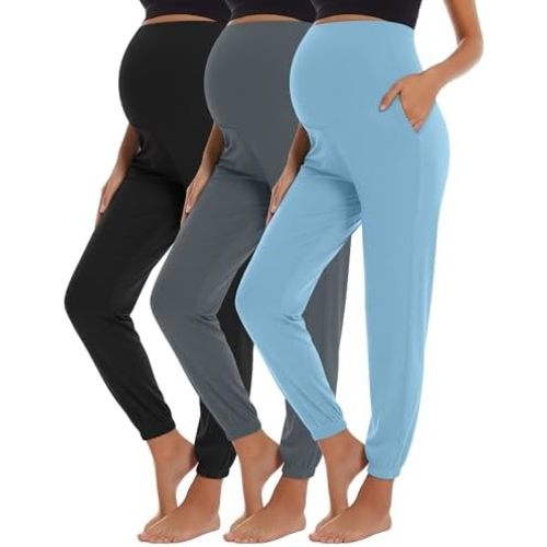 Neer 3 Pack Women's Maternity Pants Over The Belly Stretchy Jogger with Pockets Lounge Comfy Workout Pregnancy Pants