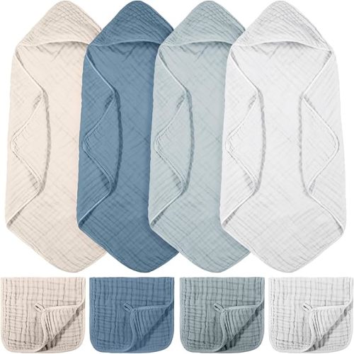 VitalCozy 8 Pcs Baby Muslin Hooded Bath Towels and Washcloths, Muslin Hooded Baby Towels Absorbent Blankets for Gift Newborn Infant Shower (Blue,White,32 x 32 Inch)