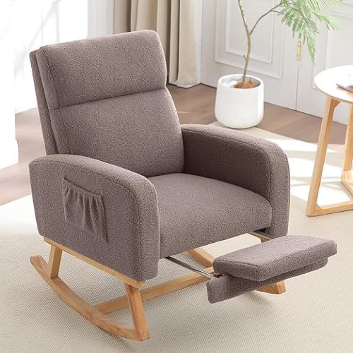 Rocking Chair Nursery with Foot Rest, Nursing Rocking Chairs for Mom Nursery, Teddy Rocker Glider with High Backrest for Living Room, Bedroom, Coffee