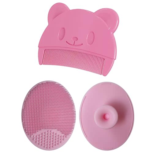 Baby Bath Brush, Baby Cradle Cap Brush, Silicone Massage Brush, Baby Comb, Children's Comb（3pcs） (Pink)