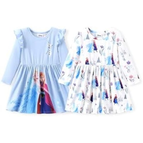 Disney Frozen Elsa Stitch Princess Minnie Mouse Toddler Girl Dresses 2 Pack Ruffle Long Sleeve Dress Set (3 Months - 6 Years)