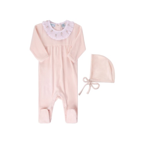 Smocked Collar Velour Footie & Bonnet Set