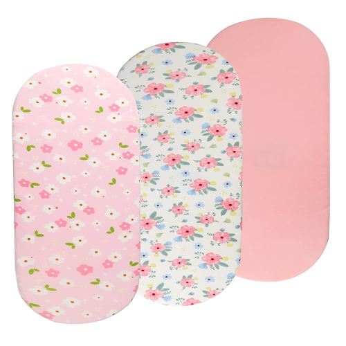 Bassinet Sheets Set 3 Pack for Baby Girl, Stretchy Soft Jersey Knitted Fitted Sheet Universal for Oval Rectangle and Hourglass Bassinet Mattress, Pink Floral