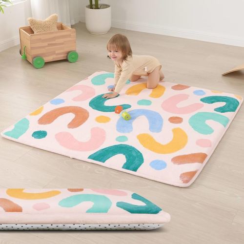Baby Play Mat for Floor,1.3" Thick Cushioned Playpen Mat 50"x50",Extra Soft Elasti-Foam,Water Repellent Coral Velvet,Non-Slip for Crawling&Tummy Time,Infant Toddler Kids Nursery Rug(Doodle)