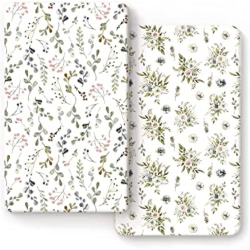 GRSSDER Stretchy Ultra Soft Jersey Knit Fitted Crib Sheets Set 2 Pack, Cozy Crib Sheet Fits All Standard Crib Mattress Pads, Stylish Watercolor Rose and Flora
