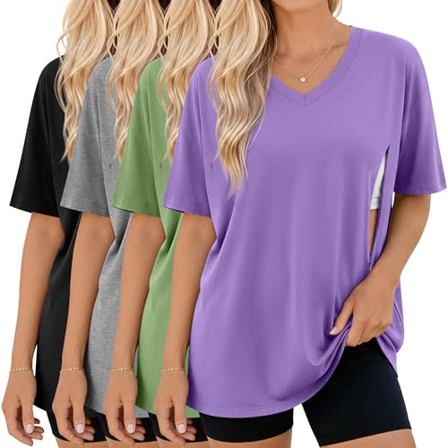 4 Pack Women's Oversize Nursing Tops for Breastfeeding Hidden Zipper Maternity T Shirts Short Sleeve V Neck Shirts