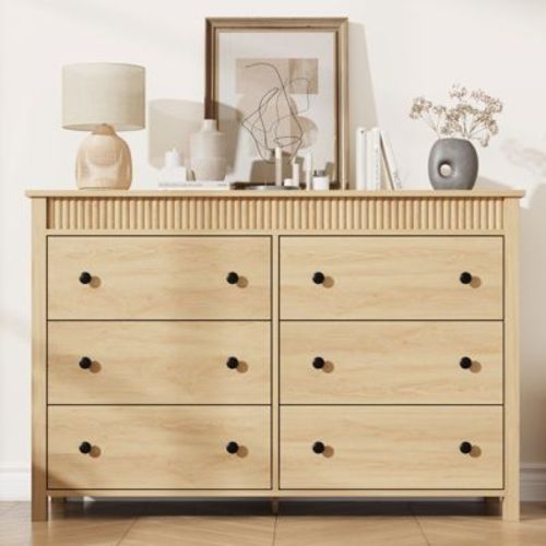 Garvee Fluted 6 Drawer Dresser, Natural Oak 6 Chest of Drawers with Fluted Design, 47" Wide Wooden Dresser Organizer for Bedroom Living Room Nursery