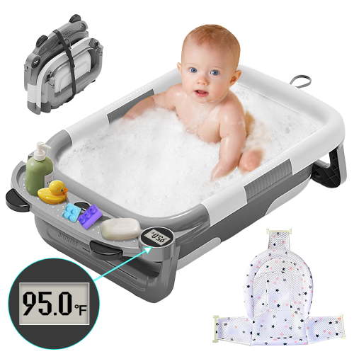 RICHYOUNG Foldable Baby Bathtub, Portable Bath Tub with Thermometer & Mesh Mat for Infant to Toddler,Gray