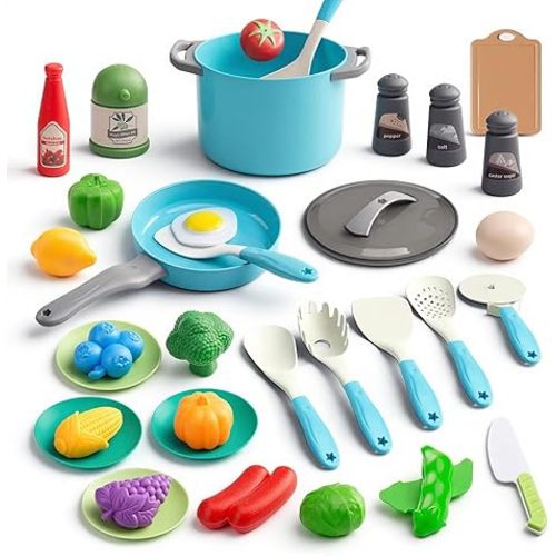 35Pcs Kids Kitchen Toy Accessories, Toddler Pretend Cooking Playset with Play Pots, Pans, Utensils, Cookware, Play Food Set, Toy Vegetables, Learning Gift for Girls & Boys (White)