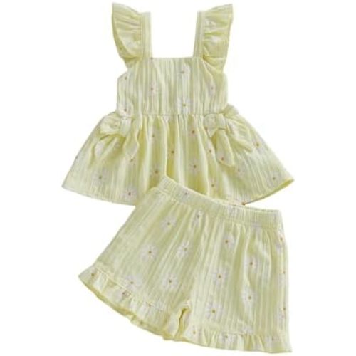 Kupretty Toddler Girl Summer Linen Bows Cami Top Ruffle Short Set
