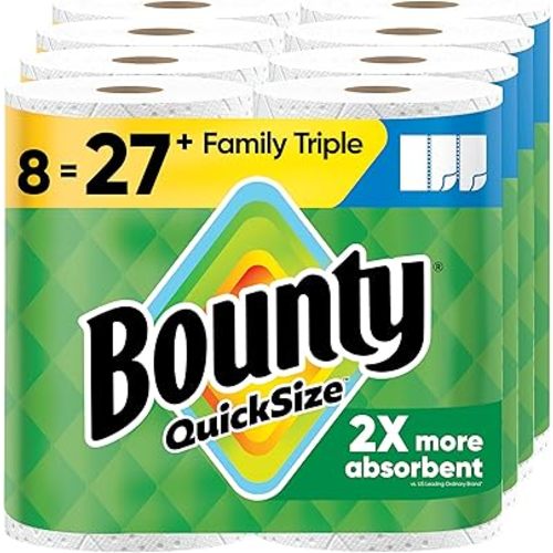 Bounty Quick-Size Paper Towels, White, 8 Family Triple Rolls = 27 Regular Rolls
