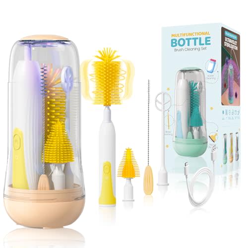 IvyWind Electric Travel Baby Bottle Brush Set with Storage Box, Automatic Bottle Cleaner Brush Kit with Silicone Bottle/Nipple/Straw Brush,Milk Frother Electric and Drainage Rack, Rechargeable, Yellow
