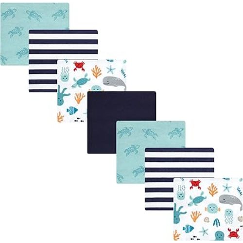 Hudson Baby Unisex Baby Cotton Flannel Receiving Blankets Bundle, Sea Characters, One Size