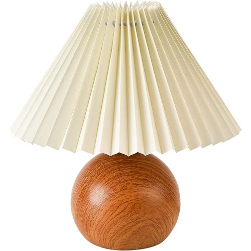 KUNJOULAM Cute Small Pleated Lamp, Modern Bedside Nightstand Light with Beige Lampshade, Wooden Pattern Metal Base Desk Lamp for Bedroom, Home Office, Living Room