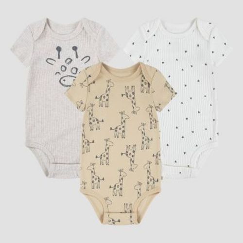 Huggies Baby 3pk Giraffes Short Sleeve Bodysuit - Neutral 3M: Organic Cotton, Animal Pattern, Crotch Snap