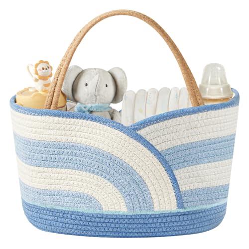 Baby Diaper Caddy Organizer - Portable Cotton Rope Diaper Caddy Basket for Nursery, Gift for Baby Shower List, Storage for Diapers, Wipes, Toys & Newborn Essentials (Blue/White)