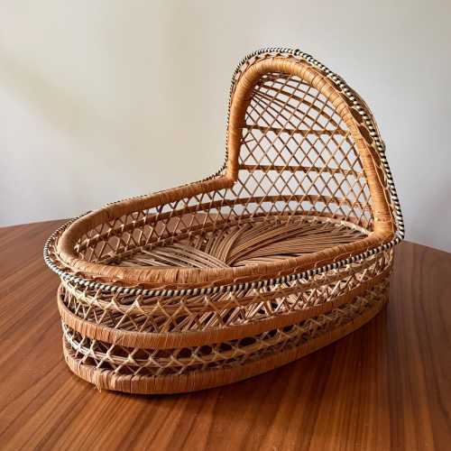 Vintage Wicker Baby Doll Bassinet Cradle With Hood, Handwoven