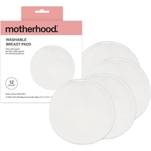Motherhood Maternity Washable Nursing Pads – Reusable Bamboo Breast Pads for Breastfeeding, Leak Proof & Ultra Absorbent, Soft & Discreet, Includes Wet/Dry Bag & Laundry Bag, 12 Pack