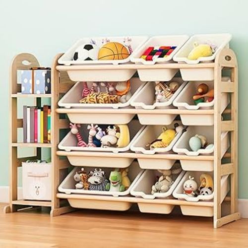 Toy Storage Organizer, Wooden Toy Organizers and Storage with Bookshelf, Toy Storage Shelf with 3 Shelves and 12 Storage Bins, Kids Bookshelf for Playroom, Nursery, Bedroom , Bookcase for Kids, White