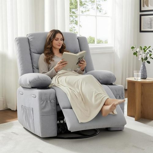 Swivel Rocker Recliner Chair, Manual Recliner Single Sofa with Cup Holders and Side Pocket, Chenille Fabric, Upholstered Nursery Rocking Chair for Living Room, Bedroom, Grey