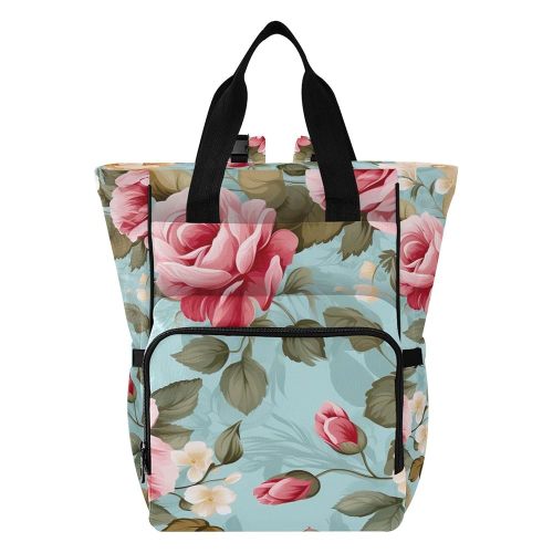 SPRIPORT Rose Peony Blue Diaper Bag Backpack for Baby Boys Girls Multifunction Travel Tote with Stroller Straps & Bottle Storage Maternity Baby Changing Bags for Moms Dads Traveling Shopping Hiking