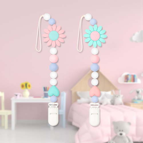 Silicone Pacifier Clip, 2 Pack Pacifier Holder for Boys and Girls, Adorable Sunflower Pacifier Clips Fits for Most Pacifier, Baby Teethers, Baby Shower and Baby Gift