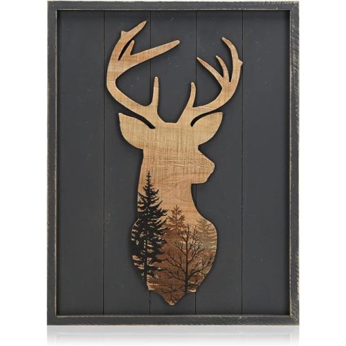 NIKKY HOME Cabin Wall Decor, Decorative Deer Wood Framed Forest Mountain Woodland Wildlife Lodge Elk Animal Picture Art Print Bathroom Decor, 16 x 21 Inches