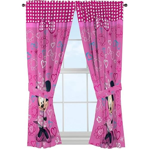 Jay Franco Kids Window Drapes - 4 Piece Curtain Set Includes 2 Tiebacks, Beautiful Bedding Room Décor and Easy Set Up, Pink - Minnie Mouse, 63 Inch
