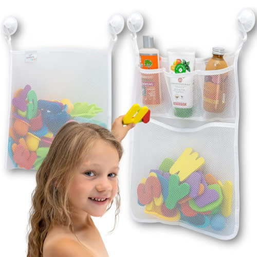 2 x Mesh Bath Toy Organizer + 8 Ultra Strong Hooks – The Perfect Bathtub Toy Holder & Bathroom or Shower Caddy – These Multi-use Net Bags Make Baby Bath Toy Storage Easy – For Kids & Toddlers