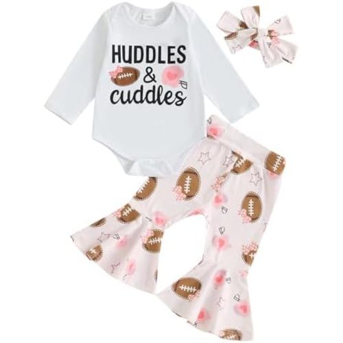 KMBANGI Newborn Baby Girl Football Outfit Huddles Cuddles Romper Shirts Rugby Bows Bell Bottoms 3Pcs Game Day Clothes Fall