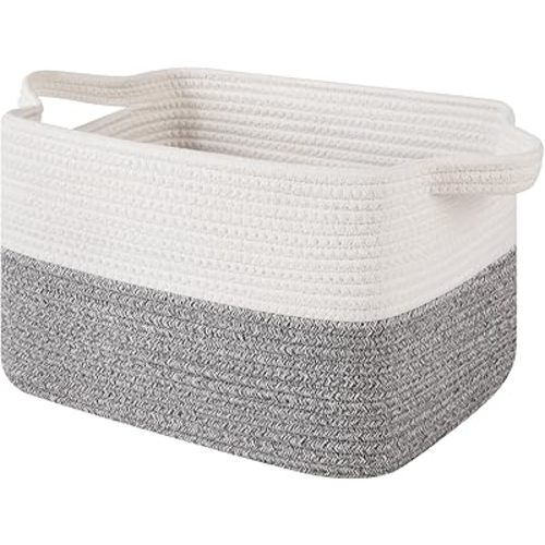 OIAHOMY Woven Storage Basket for Shelves, Rectangle Cotton Rope Baskets for Organizing, 13 x 10 x 9 in, Storage Bins for Dog Toys,Towel,Books,Gift,Grey and White