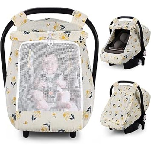 Rquite Car Seat Cover Baby, Carseat Covers Girl Boy, Breathable Muslin Cotton, Large Mesh Window, Infant Car Seat Canopy Baby Carrier Cover Stroller Sun Shade for Summer & Hot Day