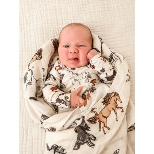 Hudson Horse Western Muslin Swaddle Blanket | Baby Boy Swaddle | Newborn Boy Baby Shower Gift | Cowboy Western Nursery Bedding