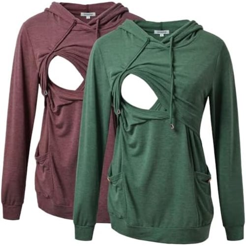 GINKANA Womens Nursing Hoodie Top Sweatshirt Long Sleeve Button Decoration Pockets Shirts Tunic Top
