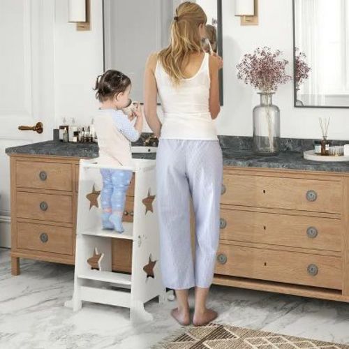 Kids Standing Tower, 2 in 1 Toddler Tower with Safety Rail for Bathroom, Sink, Kitchen or Counter, White