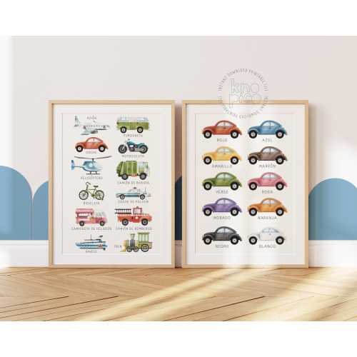 Bilingual Spanish Kids Posters Vehicle Set with Watercolor Transport Illustrations and Colors Learning Charts for Toddler Boys Room Wall Art