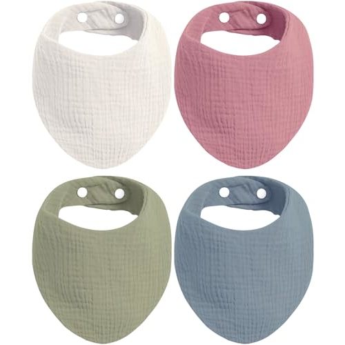 KiddyCare Organic Muslin Baby Bibs for Girls Boys 0-6 Months | Baby Bandana Bibs, Super Soft for Drooling and Teething, Muslin Bib, 4-Color Pack