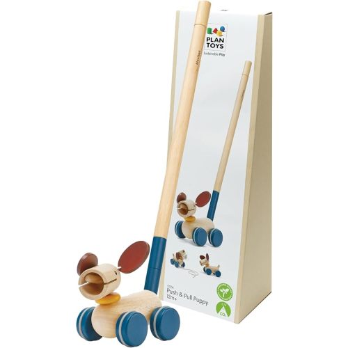 PlanToys® Puppy Wooden Push & Pull Toy | Montessori Inspired Walking Toy for Balance, Coordination & Active Play | Eco Friendly Toddler Movement Activity