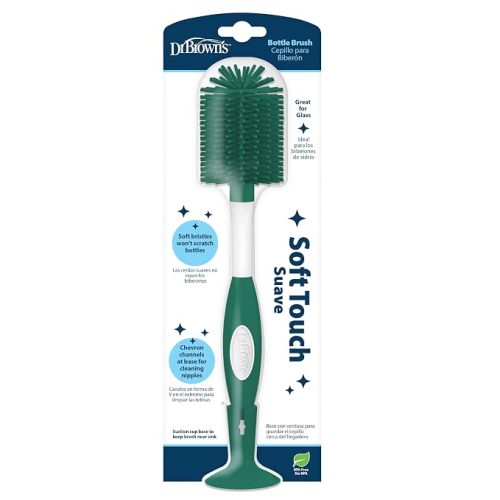 Dr. Brown's Soft Touch No Scratch Baby Bottle Cleaning Brush, Nipple Cleaner & Suction Cup Base for Easy Storage, BPA-Free, Green (Pack of 1)