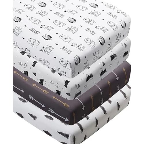 4 Pack Crib Sheets Baby Unisex Soft Cartoon Forest Animals Neutral Fitted Baby Woodland Crib Mattress Sheets Set for Baby Boys or Girls