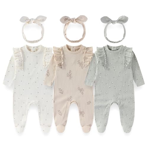 Baby Girls 3-Piece Cotton Floral Outfit Set with Headband Soft Infant Romper Newborn baby clothes
